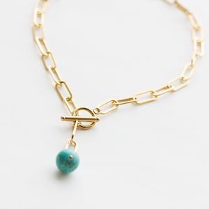 Turquoise Lariat Necklace, Gold Toggle Necklace, Turquoise Y Necklace, Gold Paperclip Necklace, Toggle Clasp Necklace, Gold Lariat