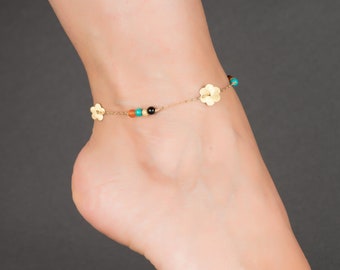 Initial Anklet, Personalized Anklet, Beaded Anklet, Flower Anklet, Turquoise Ankle Bracelet, Carnelian Anklet, Mom Gift, 0094AM