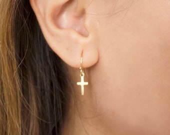 Cross Dangle Earrings, Gold filled Cross earrings, Small Cross earrings, Gold earrings, Tiny Cross Earrings, Everyday Earrings