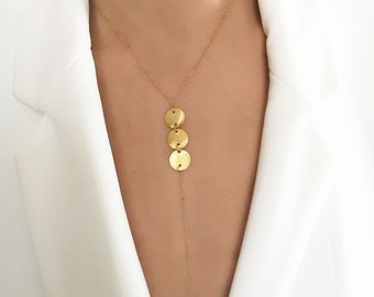 Disc Y Necklace • Choker Y Necklace • Choker Lariat Necklace • Gold Disc Necklace • Long Chain Necklace • Lariat y Necklace • Silver Jewelry