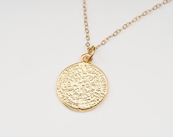 Phaistos Disk Pendant • Ancient Greek Necklace • Greek Jewelry • Gold Disc Necklace • Gold Necklace • Greek Mythology