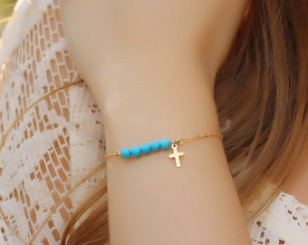 Cross bracelet / Turquoise beaded bracelet / Gold filled bracelet / Something blue / Bridesmaid jewelry / Layered gold bracelet | Galene