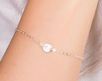 Sterling Silver Initial Bracelet • Dainty Initial Bracelet in Sterling Silver • Silver Personalized Bracelet • Tiny Disc Bracelet | 0088-2BM