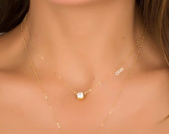 Single diamond necklace, CZ solitaire necklace, Christmas present for wife, Cubic Zirconia pendant, Bridesmaid gift, Gold filled necklace