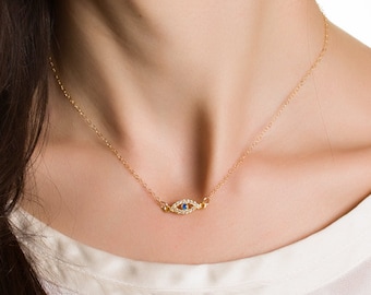 Gold Evil eye necklace / Tiny evil eye necklace / Evil eye pendant / Layered necklace / CZ pendant/Mother necklace/Protection necklace|Beroe