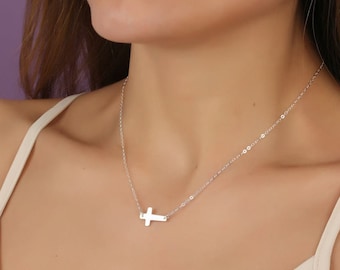 Sterling silver cross necklace / Sideways cross necklace / Silver cross pendant / Mother necklace / Faith necklace / | Sideways cross