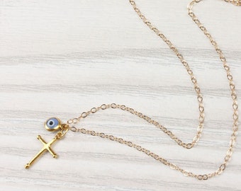 Gold Evil eye necklace / Cross pendant / Gold cross necklace / Blue evil eye necklace / Protection necklace / Evil eye jewelry | Nemea