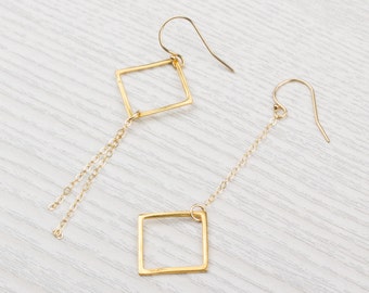 Square Earrings • Long Gold Earrings • Gold Dangle Earrings • Boho Earrings • Geometric Earrings • Bridesmaid Earrings | 0088EM