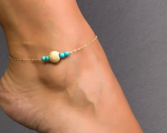 Turquoise Anklet, Gold Beaded Anklet, Gold Ankle bracelet, Turquoise and Gold Jewelry, Gold Anklet, Bridesmaid Anklet, Charm Anklet, 0058AM