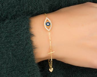 Evil Eye Cross bracelet • Gold Evil Eye bracelet • Christening Gift • Gold sideways cross bracelet • Layered bracelet• Gold bracelet •0092BM