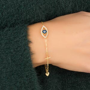 Evil Eye Cross bracelet • Gold Evil Eye bracelet • Christening Gift • Gold sideways cross bracelet • Layered bracelet• Gold bracelet •0092BM