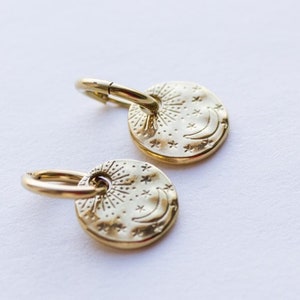 Sun Moon Hoop Gold Earrings, Sun Moon Hoops, 14k gold filled Hoops, Chunky Hoop Earrings, Moon Hoop Earrings, Disc Hoop Earrings, Mom Gift