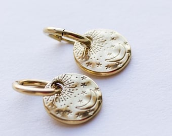 Sun Moon Disc Hoop Earrings, 14k Gold Filled, Celestial Jewelry