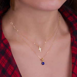 Double strand necklace, Evil eye cross necklace, layered necklace, blue evil eye necklace, tiny gold cross necklace, gold necklace, "Hygeia"