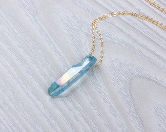Personalized Crystal Necklace, Long Crystal Necklace, Aura Quartz Necklace, Rough Cut, Healing Crystal Necklace, Rainbow Crystal , 0227NM