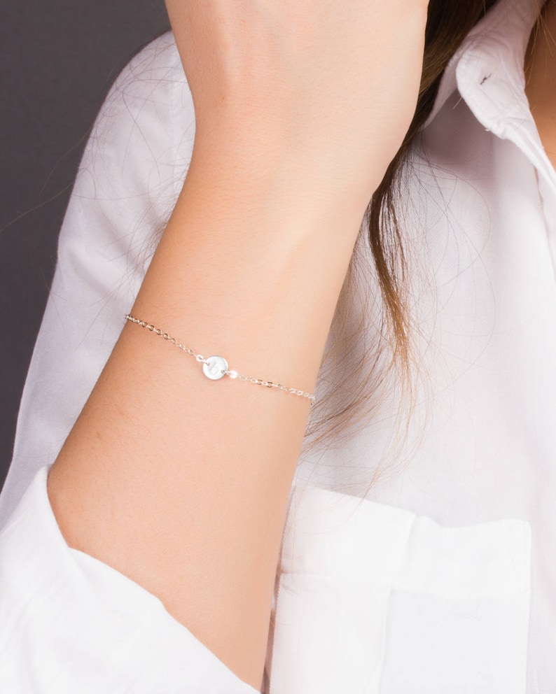 Sterling Silver Initial Bracelet • Dainty Initial Bracelet in Sterling Silver • Silver Personalized Bracelet • Tiny Disc Bracelet | 0088-2BM