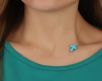 Turquoise cross necklace, gold sideways cross necklace, asymmetric necklace, turquoise jewelry, best friend gift, everyday necklace, "Eris"