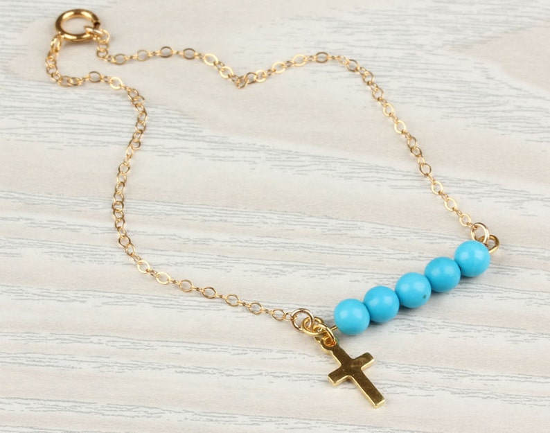 Cross Bracelet / Turquoise Beaded Bracelet / Gold Filled - Etsy