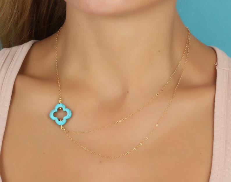 Turquoise four leaf clover necklace, gold lucky necklace, gift for best friend