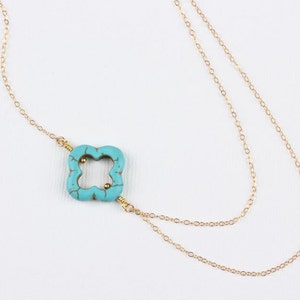 Turquoise four leaf clover necklace, gold lucky necklace, gift for best friend