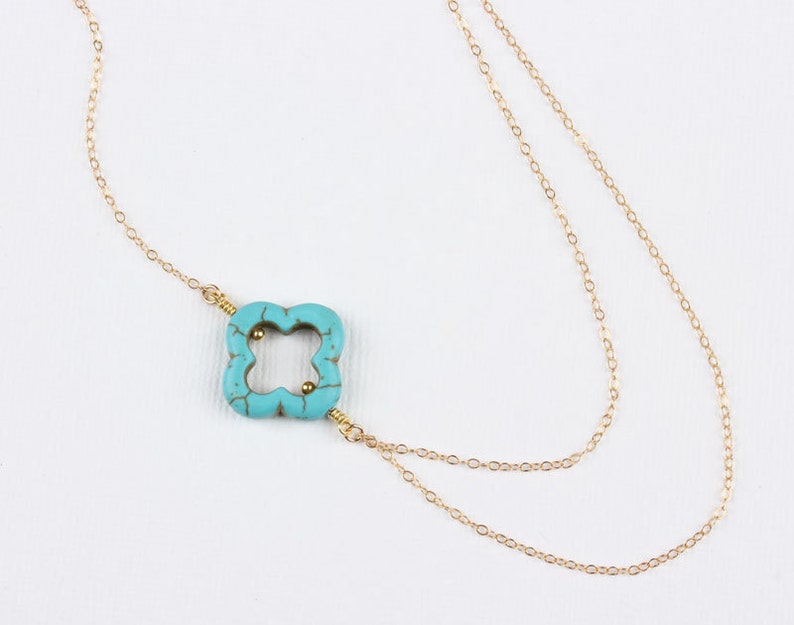 Turquoise four leaf clover necklace, gold lucky necklace, gift for best friend