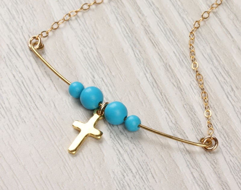 Turquoise bar necklace / Gold cross necklace / Gold filled | Etsy