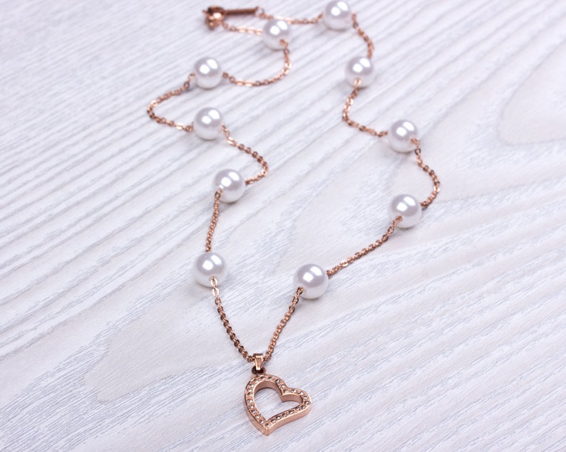 Heart Necklace Rose Gold Heart Necklace Pearl Necklace Rose Etsy