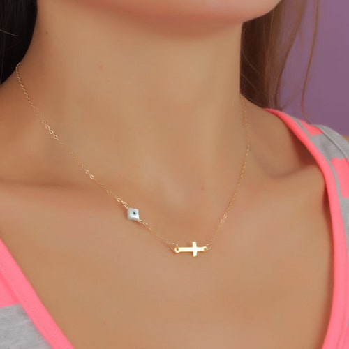 Evil Eye Necklace Sideways Cross 