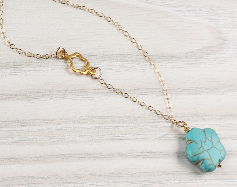 Turquoise flower necklace, asymmetrical necklace, turquoise gold necklace, chrysanthemum necklace, tiny flower necklace, wedding, Leon image 2