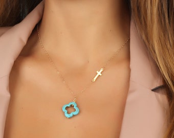 Turquoise clover necklace, Sideways cross necklace, Layered necklace, Gold cross necklace, Valentine's Day gift, Gold necklace | Admete