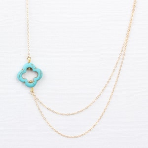 Turquoise four leaf clover necklace, gold lucky necklace, gift for best friend