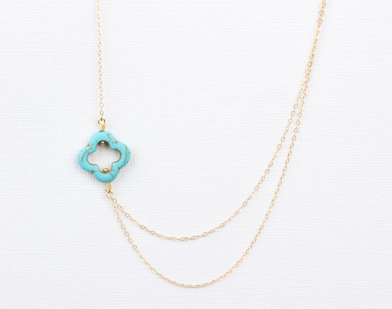 Turquoise four leaf clover necklace, gold lucky necklace, gift for best friend