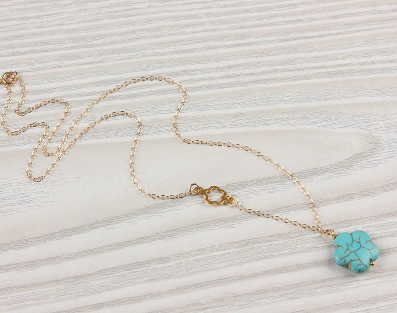 Turquoise flower necklace, asymmetrical necklace, turquoise gold necklace, chrysanthemum necklace, tiny flower necklace, wedding, Leon image 3