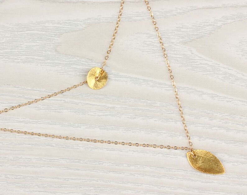 Gold layered necklace, Holiday gift, gold leaf necklace, bridesmaid necklace, circle necklace, 14k gold filled, bridal necklace