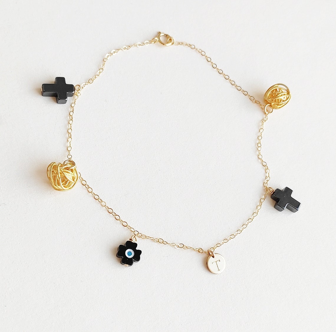 Personalized Black Ankle Bracelet Initial Anklet Cross Etsy