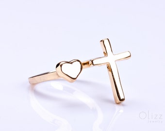 Gold cross ring, gold heart ring, Best friend gift, Sideways Cross Ring, gold double ring, Stacking ring, infinity cross ring