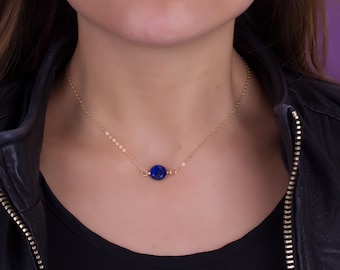 Collier bleu en lapis-lazuli | Chaîne en or 14 carats, pierre unique