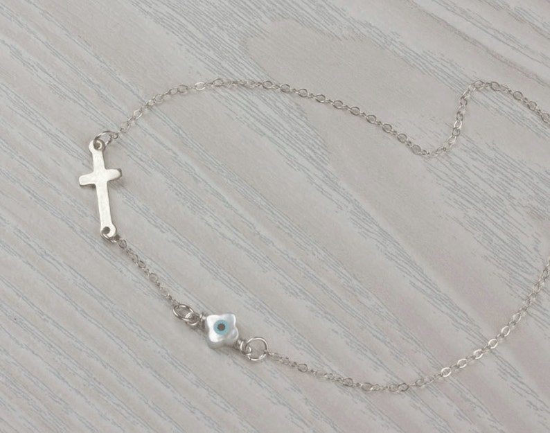 Silver cross necklace / Evil eye necklace / Sideways cross Etsy