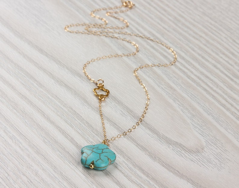 Turquoise flower necklace, asymmetrical necklace, turquoise gold necklace, chrysanthemum necklace, tiny flower necklace, wedding, Leon image 4