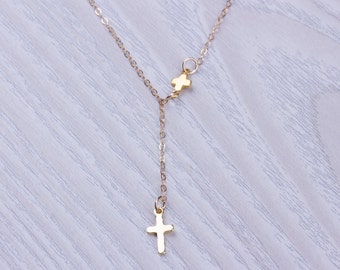 Cross lariat necklace, gold lariat necklace, tiny cross necklace, Gold jewelry, protection necklace, best friend gift, "Meliades"