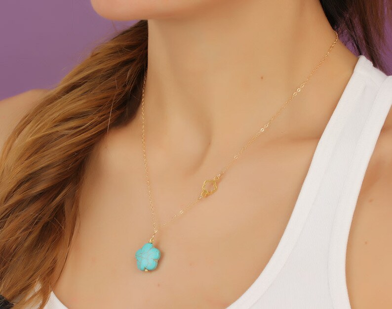 Turquoise flower necklace, asymmetrical necklace, turquoise gold necklace, chrysanthemum necklace, tiny flower necklace, wedding, Leon image 1