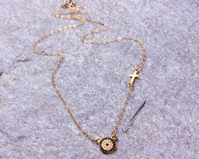 Evil eye cross necklace, sideways cross necklace, eye cross necklace, cross necklace, sterling silver evil eye necklace, gold filled evil eye necklace, sister gift, mothers Day gift, greek mother