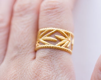 Gold Band Bing, Wide Cuff Ring, Leaf Band Ring, Greek Ring, Flower Band Ring, Cuff Ring, Adjustable Ring, Wide Band Ring
