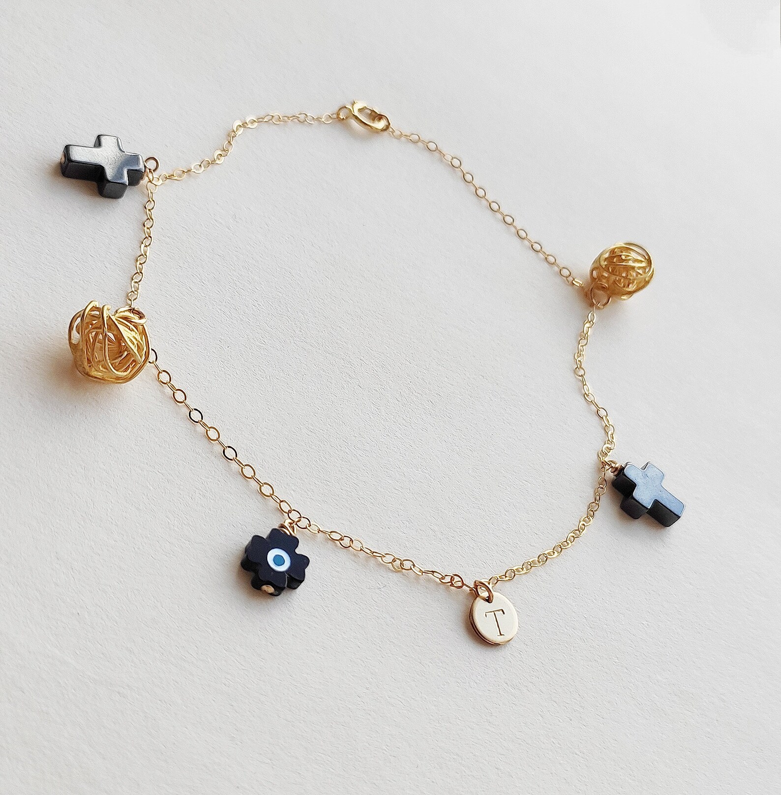 Personalized Black Ankle Bracelet Initial Anklet Cross Etsy