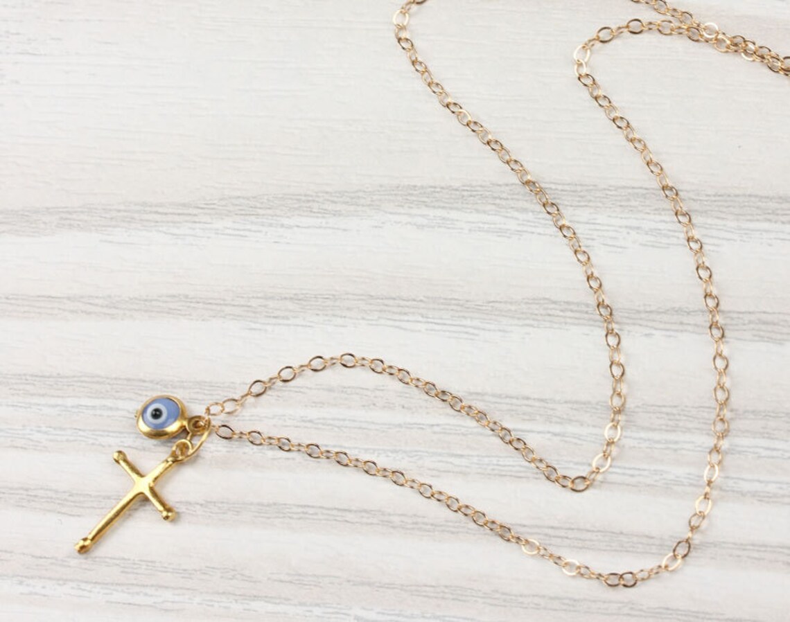 Gold Evil Eye Necklace / Cross Pendant / Gold Cross Necklace / Etsy