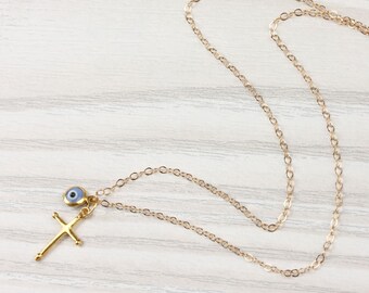 Gold Evil eye necklace / Cross pendant / Gold cross necklace / Blue evil eye necklace / Protection necklace / Evil eye jewelry | Nemea