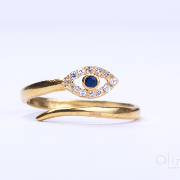Evil eye ring, Gold ring, Holiday Present for Mother, Sterling silver evil eye ring, Stacking ring, Bridesmaid gift, Adjustable Ring