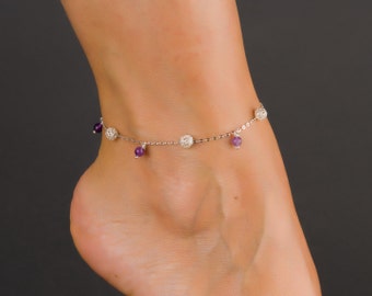 Amethyst Ankle Bracelet, Sterling Silver Anklet, Purple Stone Anklet, Amethyst Anklet, Bridal Jewelry, Bridesmaid Anklet, 0107AM