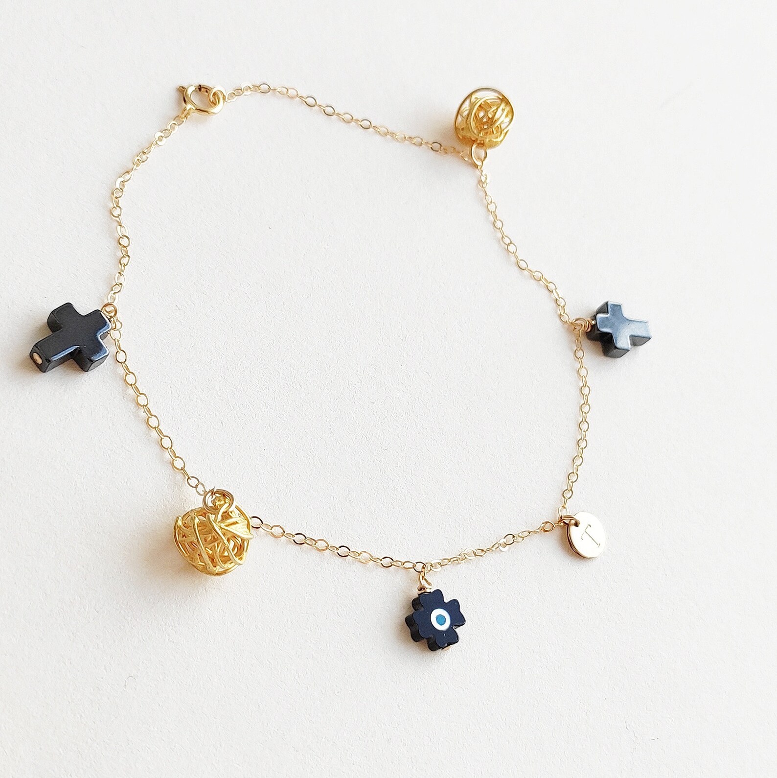 Personalized Black Ankle Bracelet Initial Anklet Cross Etsy