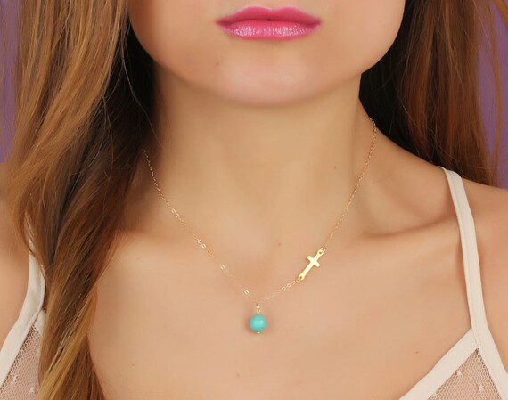 Gold Sideways Cross Necklace Turquoise 